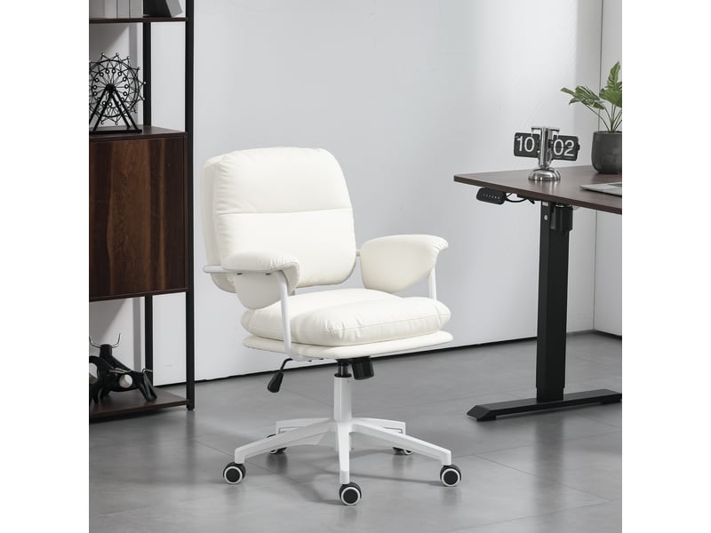  Chaise de bureau réglable en hauteur avec coussin moelleux et revêtement en similicuir, roulettes flexibles et fonction d'inclinaison, blanche  - Conforama D