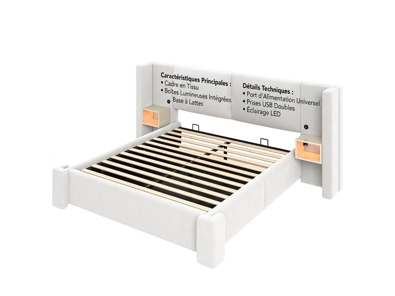  Lit coffre 180x200 beige avec rangement hydraulique et led intégrée sans matelas  - Conforama E