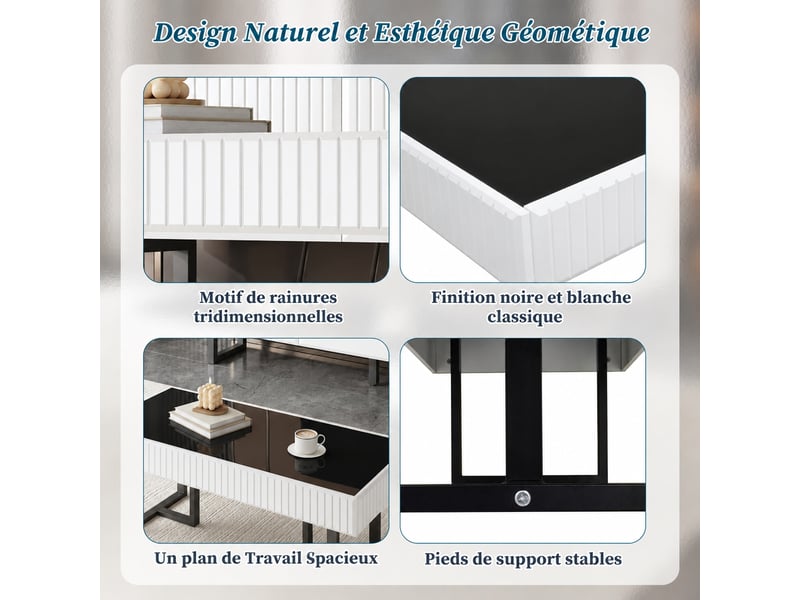  Table basse noire et blanche avec plateau noir brillant, 110 x 50,5 x 41 cm  - Conforama D