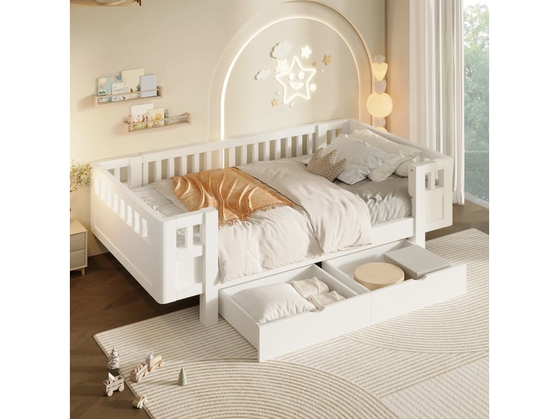  Lit plateforme 90x200 cm en bois massif blanc avec haut garde-corps et deux grands tiroirs intégrés  - Conforama D