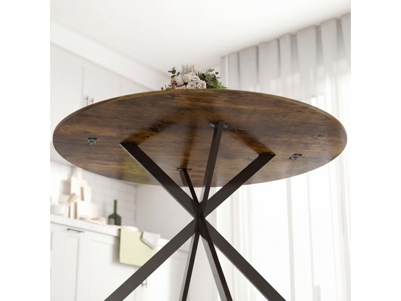Table de salle à manger ronde 4 personnes en bois avec pieds en acier, diamètre 120 cm marron rustique - Conforama D