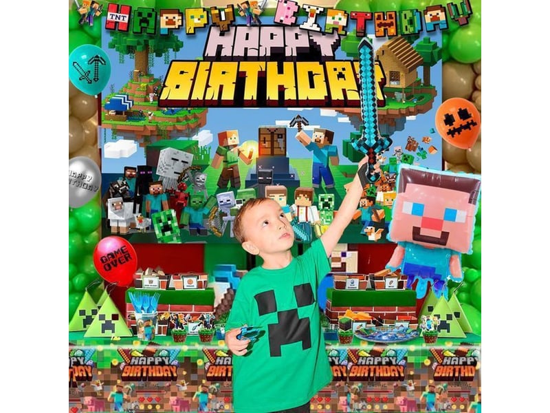  Décoration anniversaire minecraft lot avec bannière, assiettes, gobelets, serviettes, toppers et ballons  - Conforama B