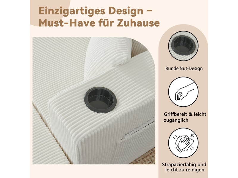  Canapé d'angle modulable 3 places en velours côtelé beige, avec 2 poufs, porte-gobelets, rangements, 300 kg  - Conforama E