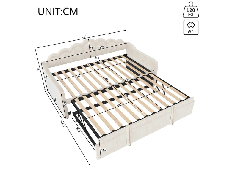  Lit de jour avec lit gigogne 90x200 à 180x200 cm, canapé lit en velours beige, bande led, tête de lit ondulée  - Conforama C