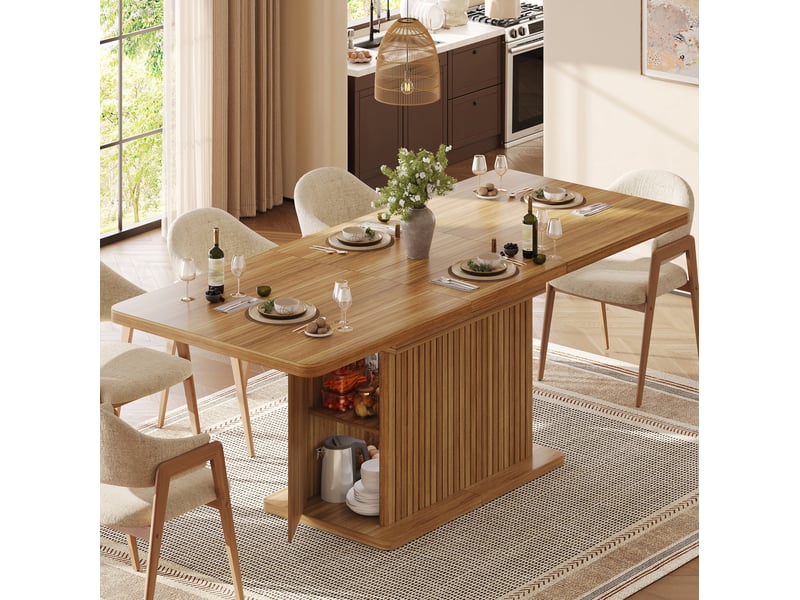  Table extensible 120 à 160 x 80 cm marron foncé aspect bois, mdf métal, rangement dissimulé à étagères  - Conforama B