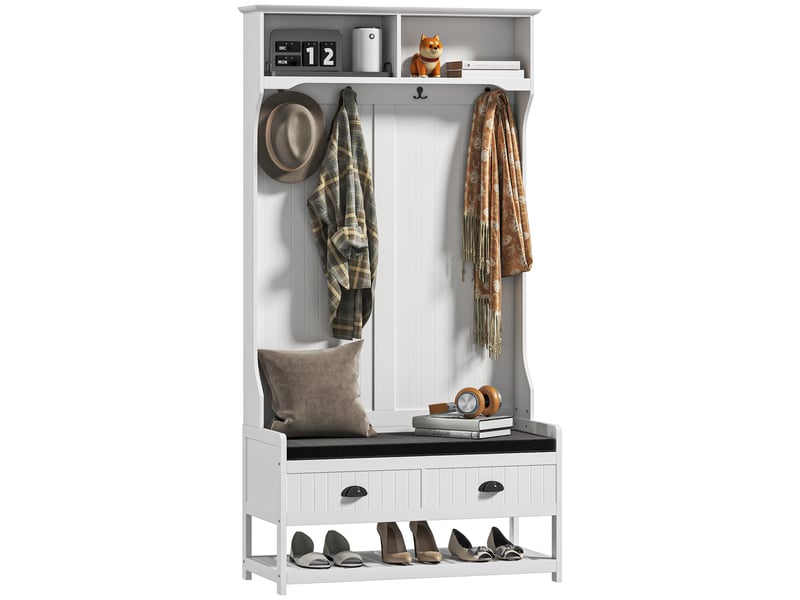  Porte-manteau avec crochets, armoire avec banc à chaussures, pour entrée, couloir, métal, mdf, blanc et gris  - Conforama A
