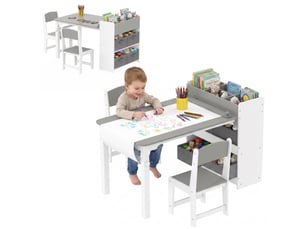 Ensemble table et 2 chaises enfant gris avec rangement et rouleau de papier 3-8 ans