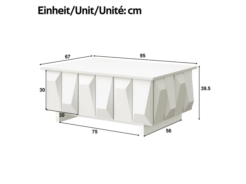 Table basse rectangulaire avec rangement, table de salon moderne avec portes et compartiments fermés, façade 3d géométrique, grande surface, pb, blanc  - Conforama D