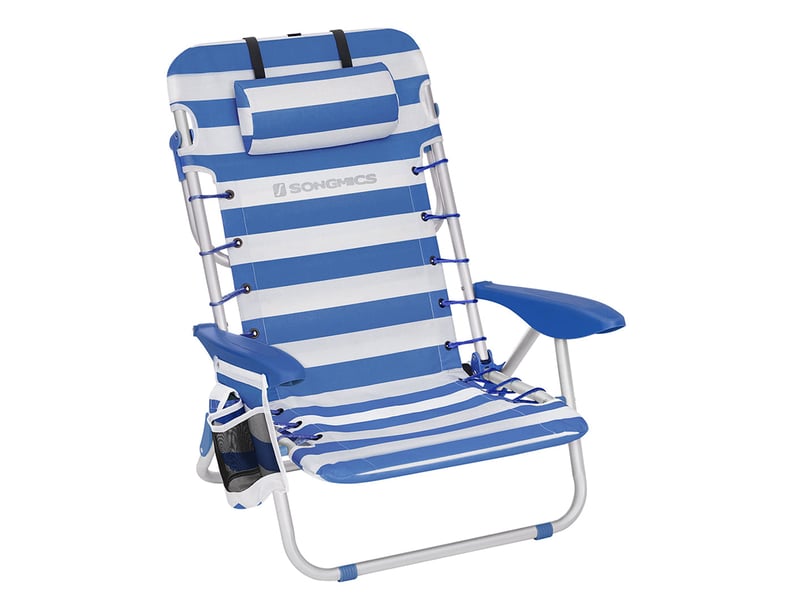  Chaise de plage pliante aluminium avec oreiller pliable inclinable portable comme sac à dos chaise d’extérieur rayure bleue et blanche 12_0004890  - Conforama A