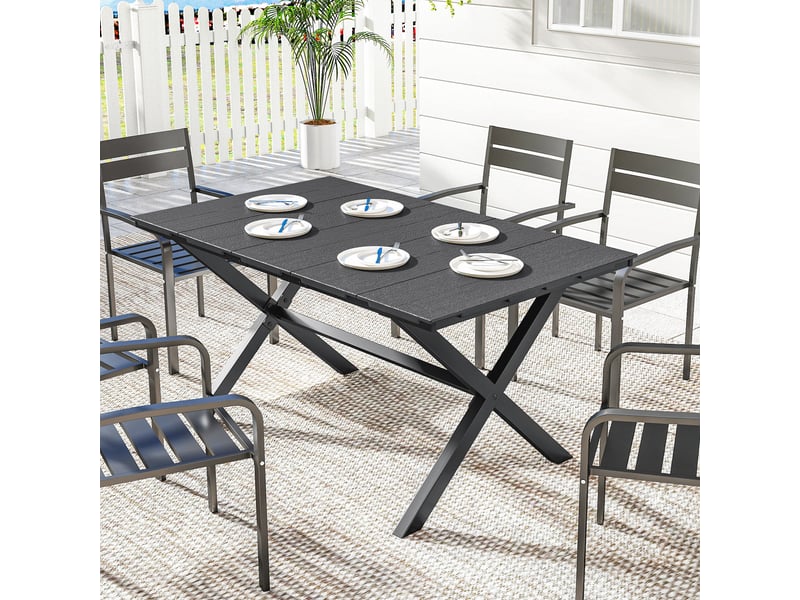  Table de jardin pour 6 personnes avec plateau à lattes en pehd et structure en métal, 150 x 90 x 74 cm, noire  - Conforama D