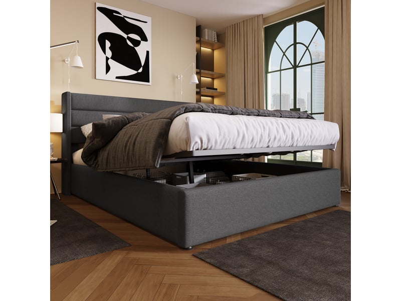  Lit coffre 140x200 cm tissu gris - ouverture hydraulique et sommier inclus - rangement intégré  - Conforama D