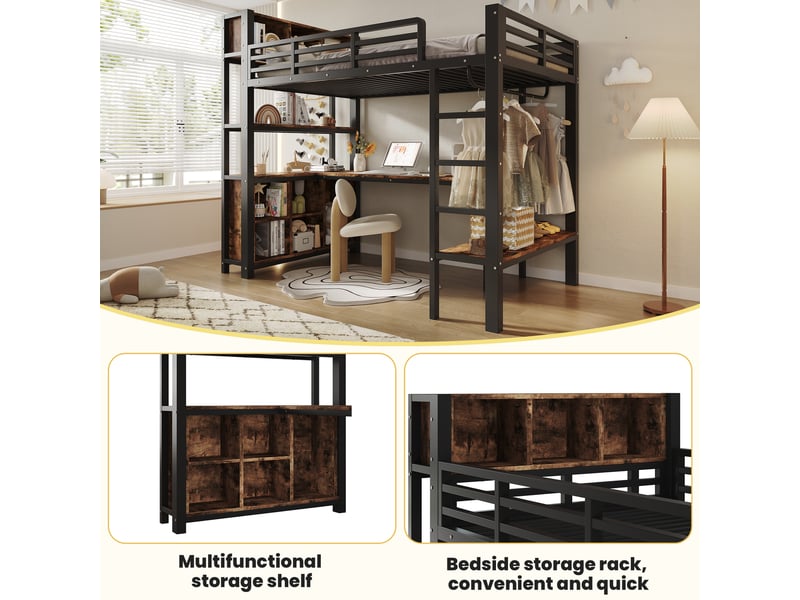  Lit mezzanine enfant simple 90×200 cm avec bureau, penderie et étagères - okmyhome- noir, sans matelas  - Conforama E