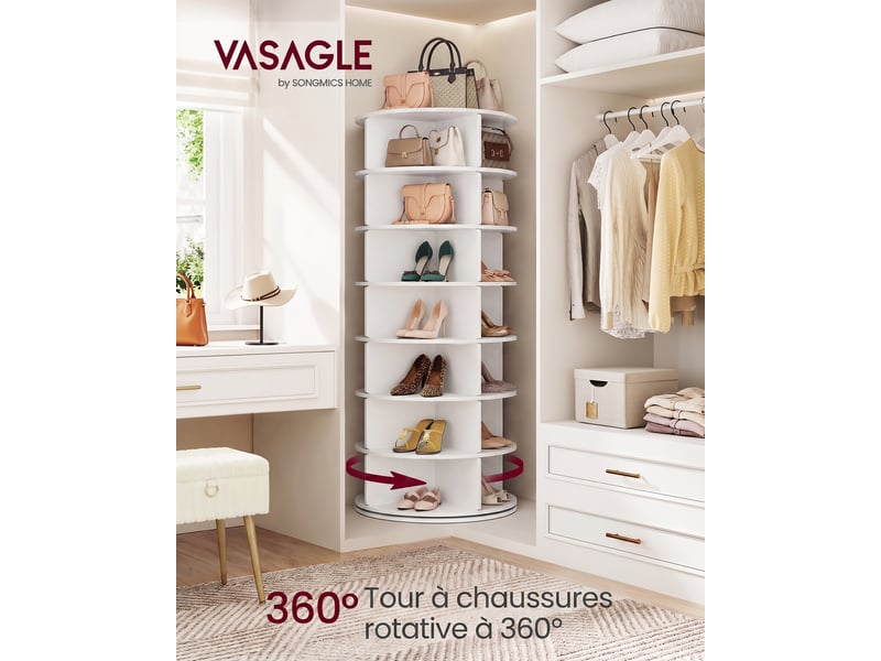  Étagère à chaussures rotative en pvc à 7 niveaux pour 28 paires, tour de rangement, 60 x 60 x 162 cm, blanc  - Conforama B