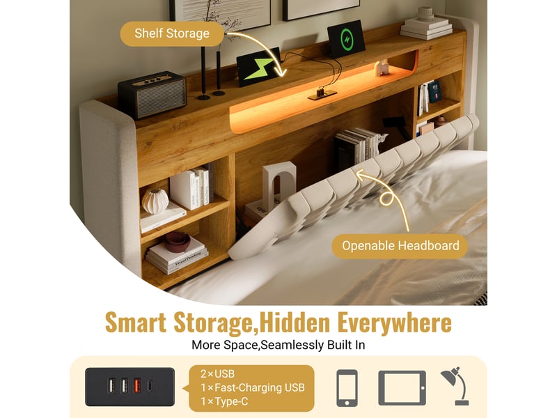  Lit coffre 90x200 cm, lit enfant, rangement hydraulique, étagères, led, usb et usb-c, lin beige  - Conforama E