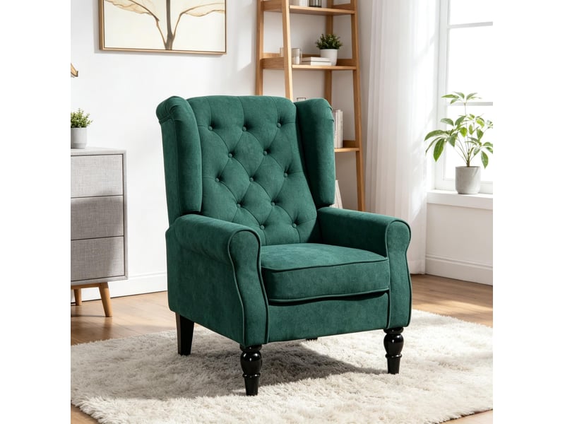  Fauteuil à oreilles capitonné en tissu polyester vert foncé, pieds en bois  - Conforama D