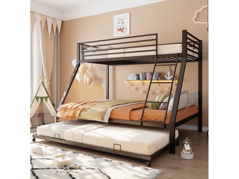  Lit superposé 90x200 cm et 140x200 cm avec lit gigogne 90x190 cm métal couleur noir sans matelas, design industriel  - Conforama D