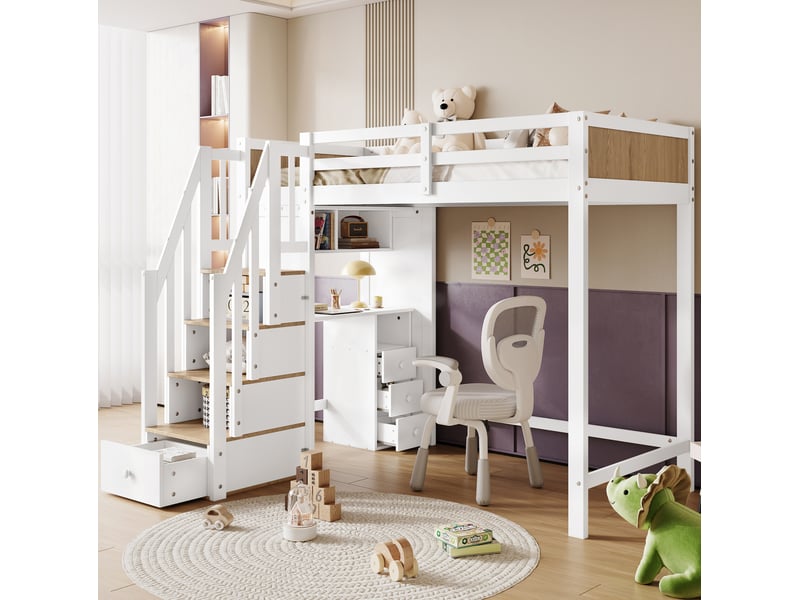 Lit mezzanine enfant 90x200 cm avec bureau et rangements, blanc et naturel - Conforama B