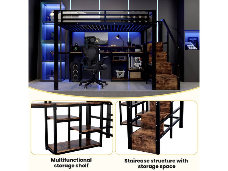  Lit mezzanine 2 places 140×200 cm avec rangements, usb, type-c et led - okmyhome- noir, sans matelas  - Conforama E