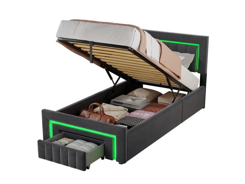 Lit rembourré 90x190 cm avec boxspring - led intégrée et tiroirs de rangement - velours gris métal bois  - Conforama A