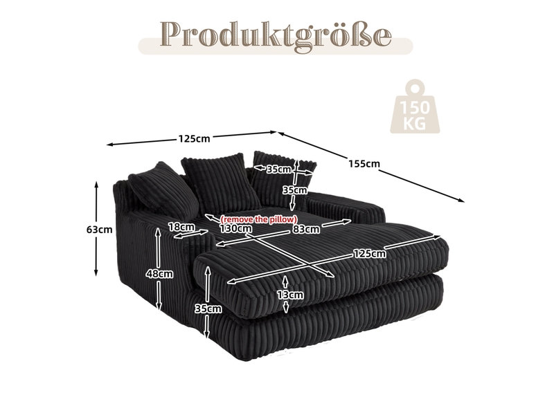  Canapé-lit une place modenvie en velours côtelé noir 125 x 155 x 63 cm avec 3 coussins  - Conforama C