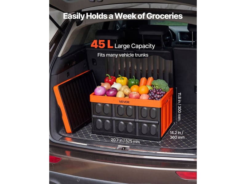  Vevor caisse plastique pliable avec couvercle 45 l, lot de 3, bac de rangement pliable et empilable avec poignees, charge max. 20 kg par caisse pour maison, camping, voiture et courses, noir et orange  - Conforama B