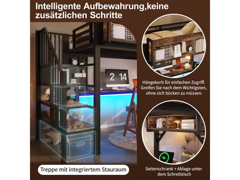  Lit mezzanine,90x200 cm,avec bureau,rangement,prises,usb-c,led,bois,noir et vintage  - Conforama E
