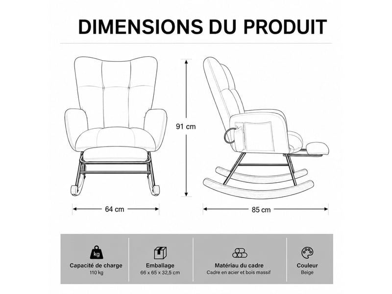  Chaise à bascule ergonomique en tissu chenille noir avec repose‑pieds rétractable, poche de rangement, structure métal et bois massif, charge 120 kg  - Conforama E