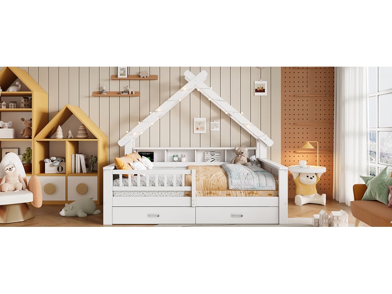  Lit plateforme enfant forme maison 140x200 cm blanc mdf pin et contreplaqué avec éclairage led rangements tiroirs et barrière de protection Sol Morn - Conforama D