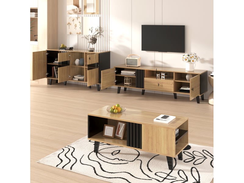  Ensemble de meubles de salon 3 pièces bois clair et noir, sideboard à led et rangements fonctionnels  - Conforama E