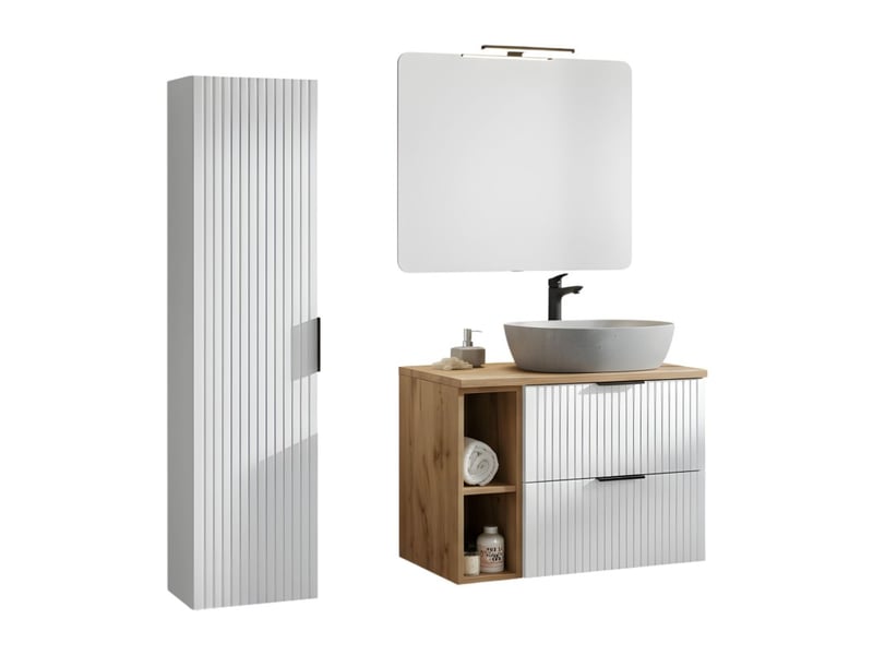  Ensemble de salle de bain noxera – meuble sous vasque suspendu avec vasque imitation marbre, rangements, miroir et lampe led  - Conforama A