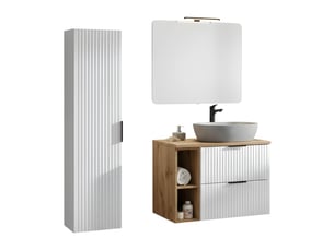 Ensemble de salle de bain noxera – meuble sous vasque suspendu avec vasque imitation marbre, rangements, miroir et lampe led