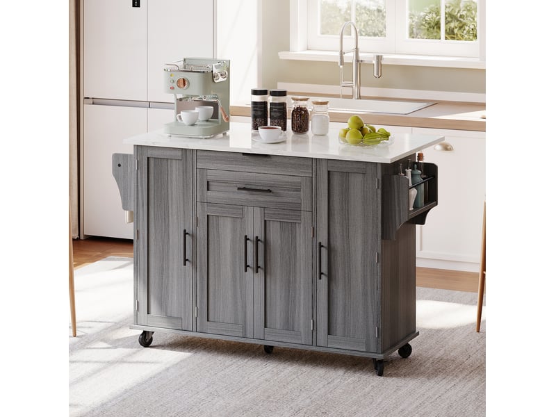  Îlot de cuisine mobile gris 136x70x92 cm avec plateau extensible et rangements  - Conforama E