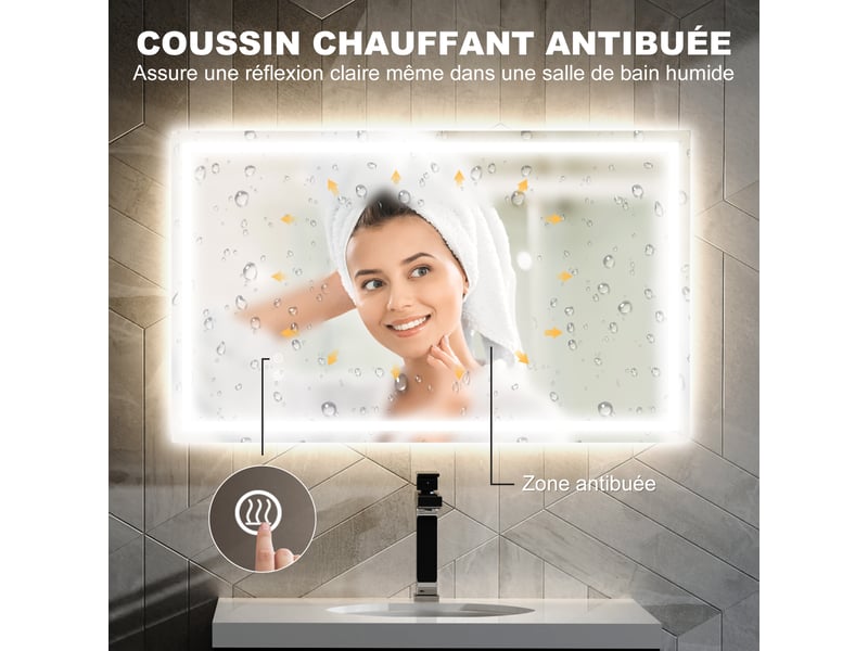 Miroir salle de bain led lumineux mural tactile 3 couleurs 80x100 cm, compatible maison - Conforama D