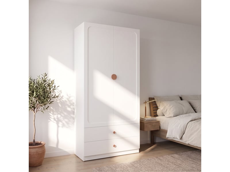 Armoire 200 x 90 x 45 cm avec poignées en bois massif, 1 penderie, 2 tiroirs et rangements, meuble moderne et fonctionnel pour chambre, chambre d’enfant ou bureau - blanc OPULERANE TRADING LTD - Conforama E