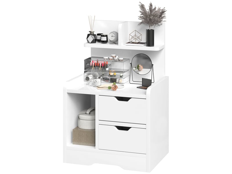  Table de chevet avec 2 tiroirs et étagères de rangement, table de chevet moderne en bois, blanc brillant  - Conforama B