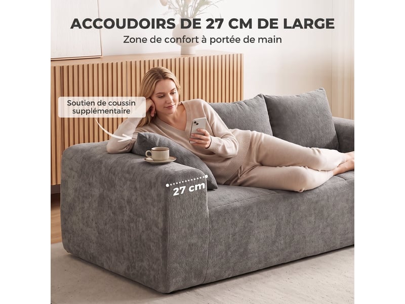  Canapé 3 places en chenille 220 cm, 3 coussins, canapé salon moderne avec assise et accoudoirs larges, gris  - Conforama E