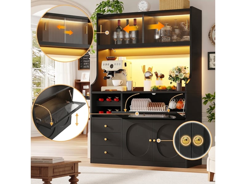  Buffet de cuisine haut noir 120 cm avec led rgb, portes coulissantes en verre et range-bouteilles  - Conforama E