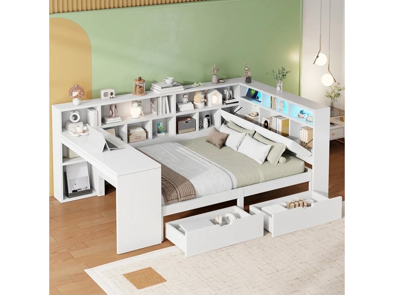 Lit plateforme en bois 140x200 lit d'angle avec bureau intégré et tiroirs blanc - Conforama D