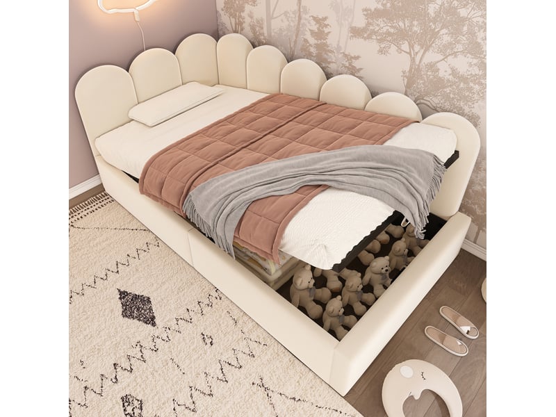  Lit coffre 90x190 cm avec rangement hydraulique et sommier à lattes en métal, velours, beige, sans matelas  - Conforama B