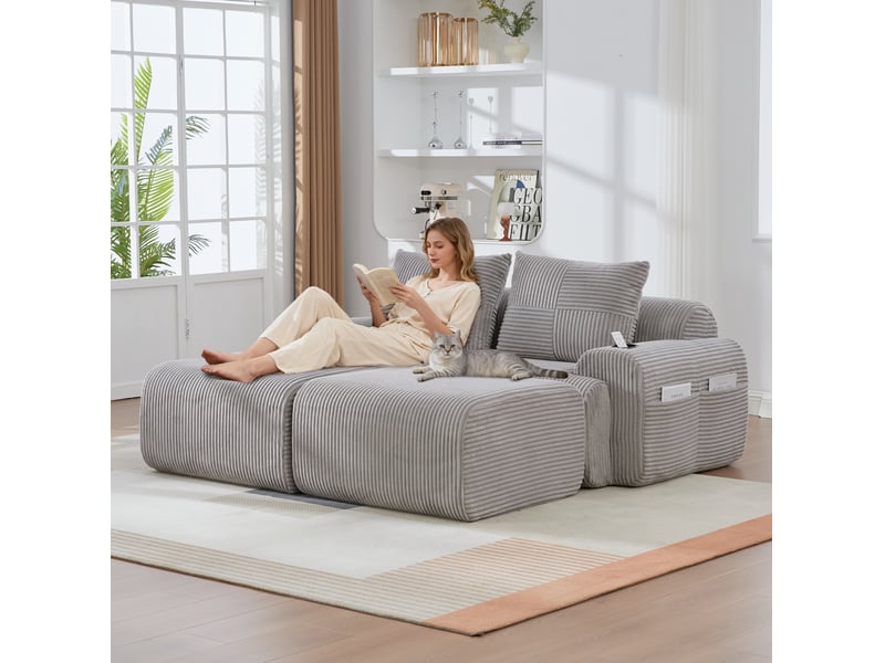  Canapé modulable 2 places 200x174x80 cm avec 2 poufs gris clair  - Conforama C