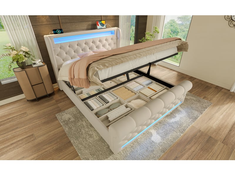  Lit coffre 160x200 cm velours beige - tête de lit led, usb-c, rangements intégrés, matelas inclus  - Conforama C