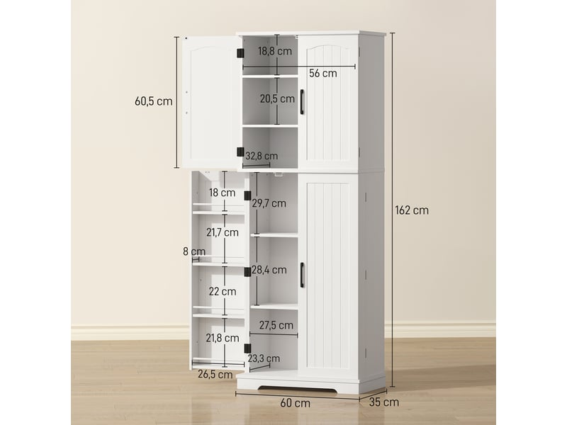 Buffet haut cuisine, armoire de cuisine, 4 portes, 10 niches, 8 porte-épices et étagères réglables, 60x35x162cm, blanc  - Conforama E