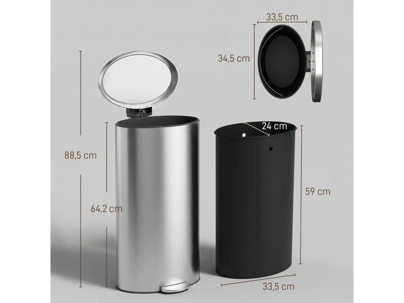  Poubelle de cuisine - poubelle à pédale avec couvercle à fermeture amortie et eau intérieure amovible, 30 l, argentée  - Conforama D