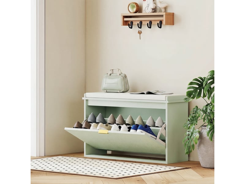 Banc meuble à chaussures design 2 en 1 - porte, séparateur réglable amovible - vert doré  - Conforama D