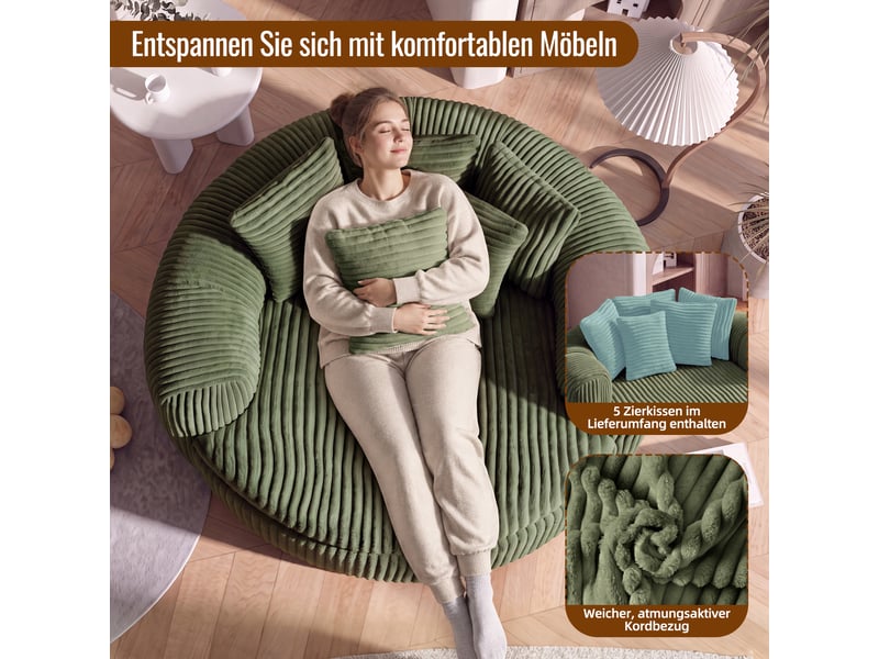  Canapé pouf lounge 1 place, assise profonde rembourrée, accoudoirs enveloppants, 5 coussins, velours côtelé vert, 145 x 133 x 59 cm  - Conforama E