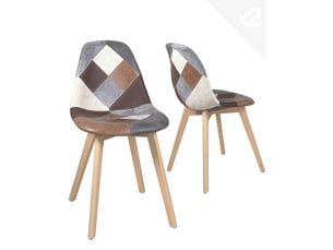 Lot de 2 chaises scandinaves nada en tissu patchwork marron avec pieds en bois clair