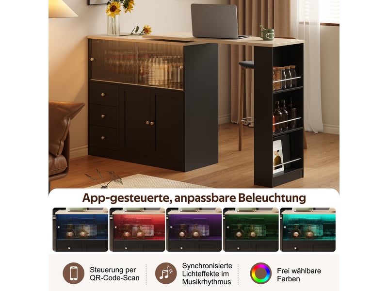  Desserte de cuisine avec 3 tiroirs, porte coulissante en verre, plateau pivotant et led, sur roulettes, en mdf noir  - Conforama E