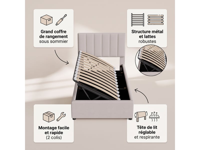  Lit coffre 90x200 cm avec sommier, lit simple enfnat avec tête de lit réglable, tissu lin, style moderne, beige  - Conforama C