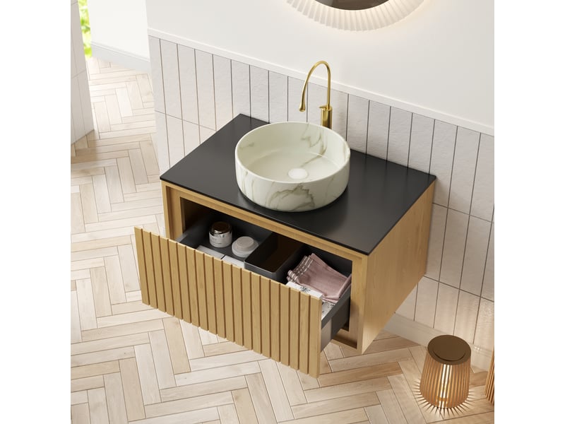  Meuble vasque suspendu avec grand tiroir à fermeture douce - lpospi - céramique, pierre frittée, chêne doré, noir, blanc pierre  - Conforama B