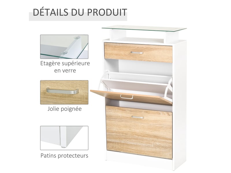  Armoire à chaussures meuble rangement chaussures 2 portes abattantes 2 compartiments, plateau en verre - bois chêne blanc, tiroir  - Conforama R